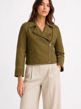 ARITZIA WILFRED FREE ALANA KHAKI GREEN LINEN BLEND MOTO JACKET - M